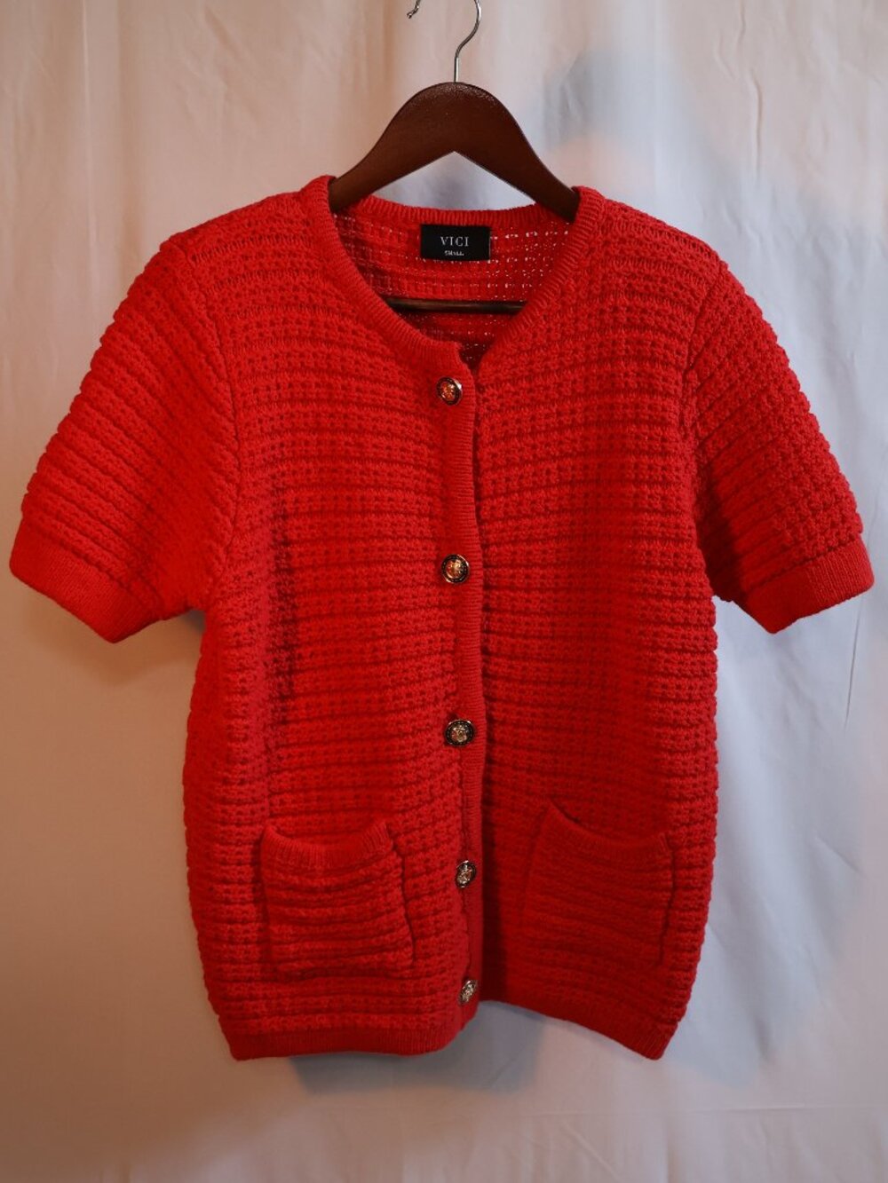 VICI Red Short Sleeve Button Front Knit Cardigan, Size Small